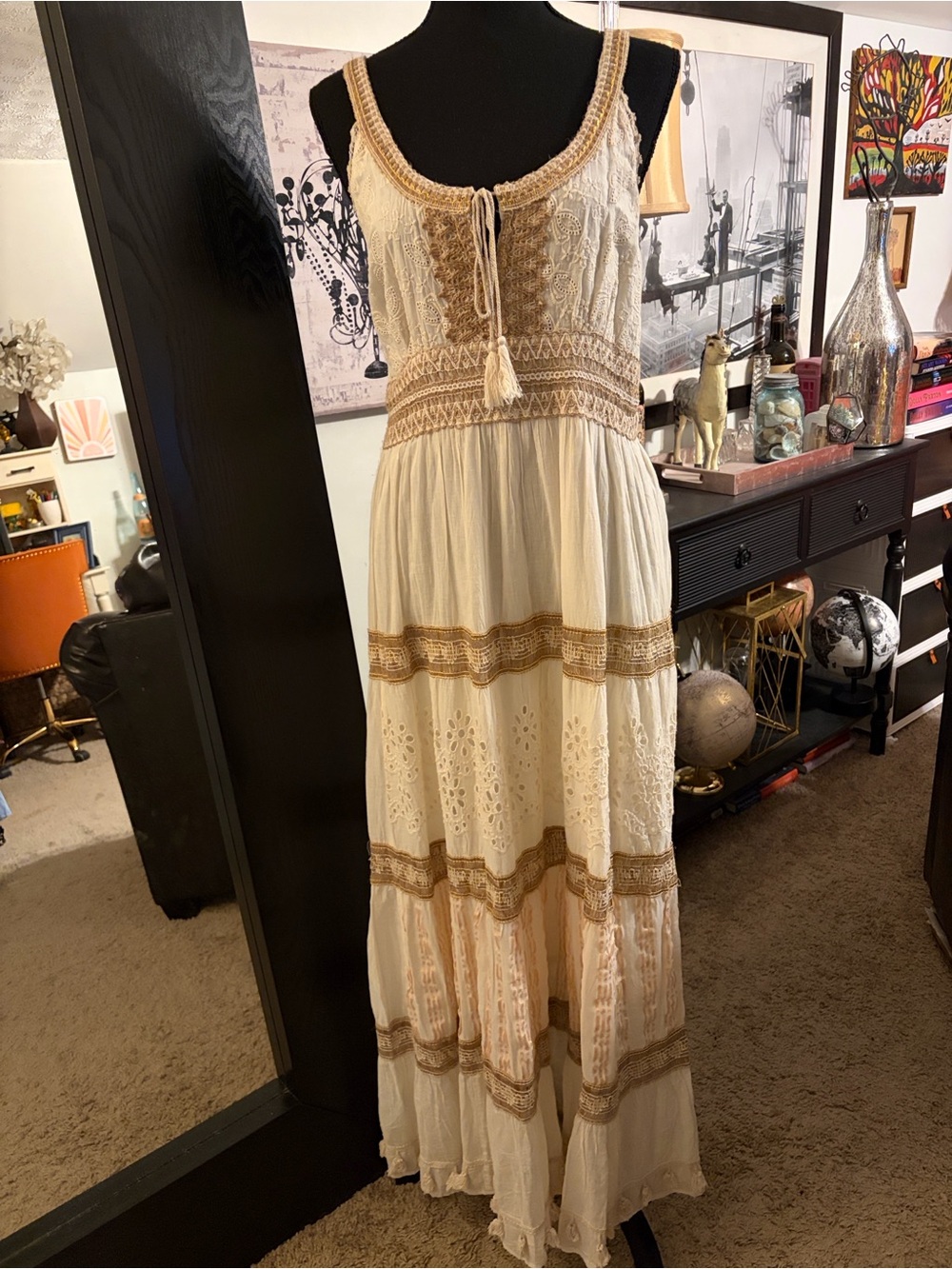 Bohemian Cream Maxi Dress with Tan Trim